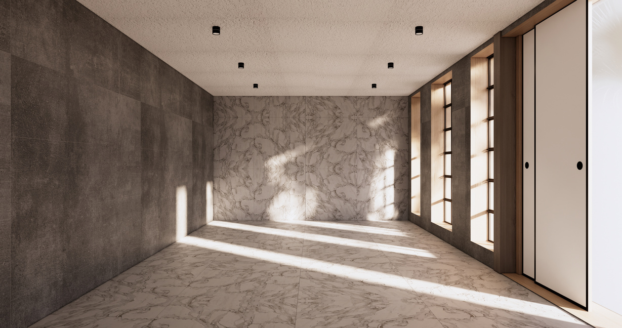 Cleaning empty room interior japandi wabi sabi style.3D renderin